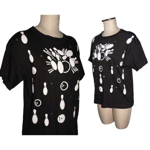 Vintage Rhinestones Puffy Print Bowling T Shirt | made USA - Picture 3 of 8